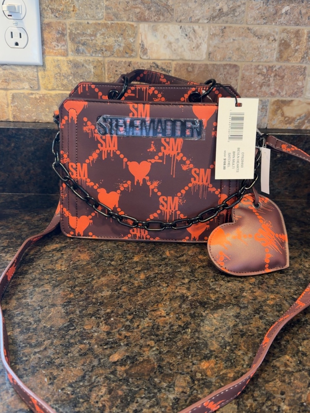 Steve Madden Bevelin Hearts Brown Multi Satchel 🖤🧡